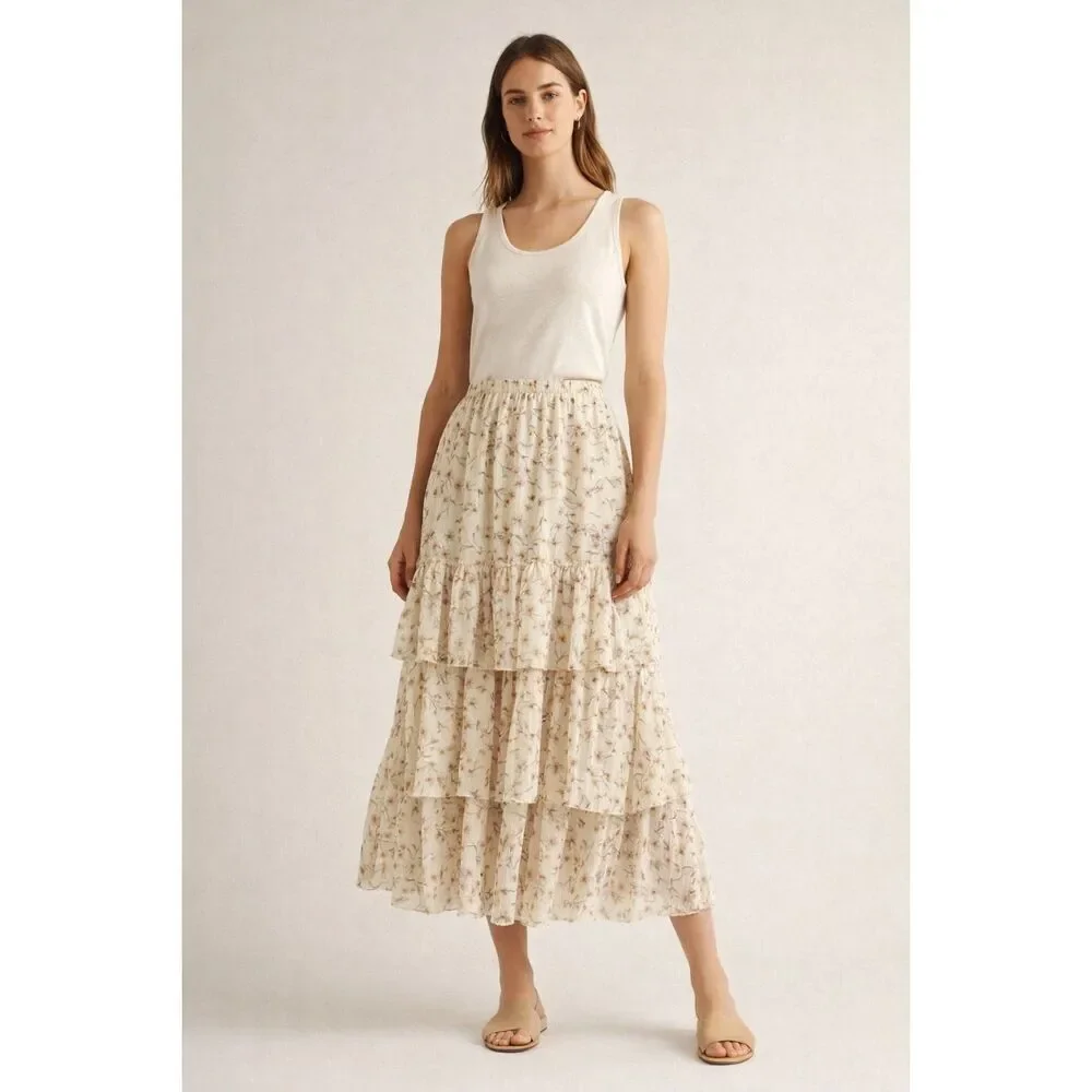 H&M Floral Tiered Midi Skirt Cream Boho Cottagecore Womens S